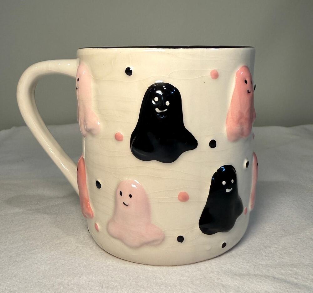Cobwebs & Cauldrons Pink & Black 3D Ghost Halloween Ceramic Mug 🎃👻